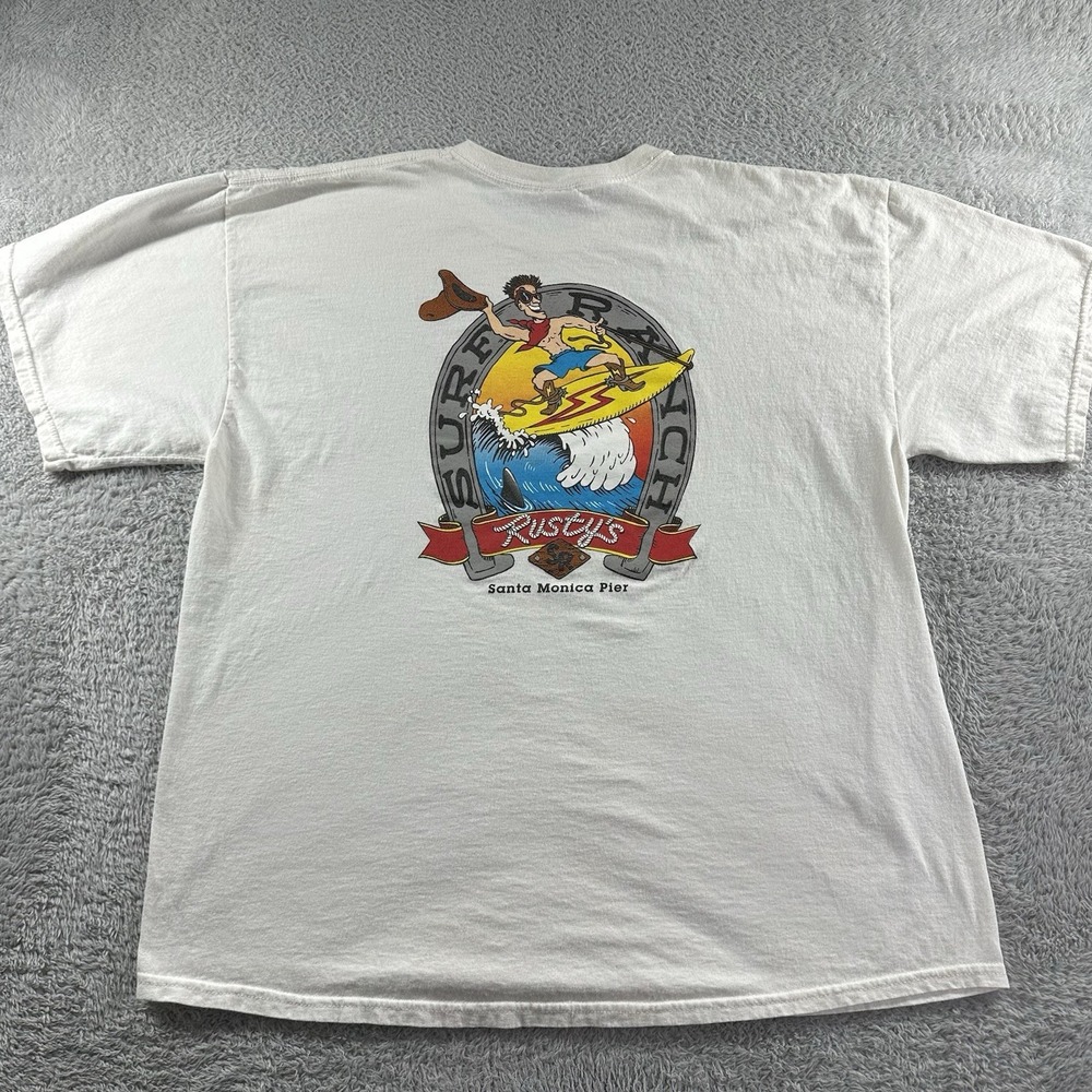 VINTAGE Rusty's Surf Ranch Santa Monica Pier Cali‎ Shirt Mens 2x White Graphic